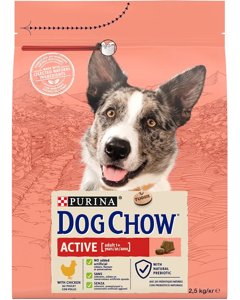 Суха храна за активни кучета Dog Chow Active Adult Суха храна за активни кучета Dog Chow Active Adult - 2.5 и 14 kg, с пилешко, в зряла възраст - храна