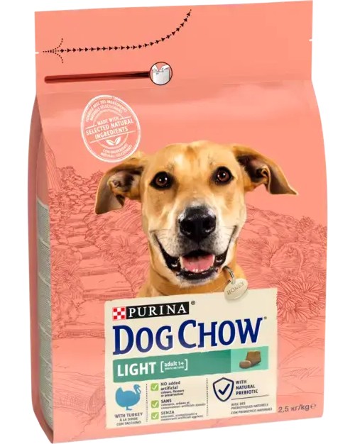 Суха храна за кастрирани кучета и със склонност към наднормено тегло Dog Chow Light Суха храна за кастрирани кучета и със склонност към наднормено тегло Dog Chow Light - 2.5 и 14 kg, с пуешко, в зряла възраст - храна