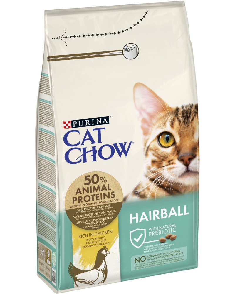 Суха храна за котки против образуване на космени топки Cat Chow Hairball Control Adult Суха храна за котки против образуване на космени топки Cat Chow Hairball Control Adult - 1.5 и 15 kg, с пилешко, в зряла възраст - храна