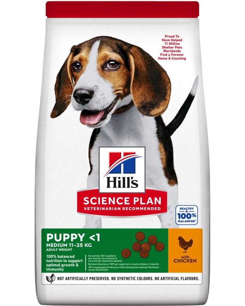 Суха храна за кучета Hill's Puppy Medium Суха храна за кучета Hill's Puppy Medium - 2.5 и 14 kg, с пилешко, от серията Science Plan, за средни породи, до 1 година - храна