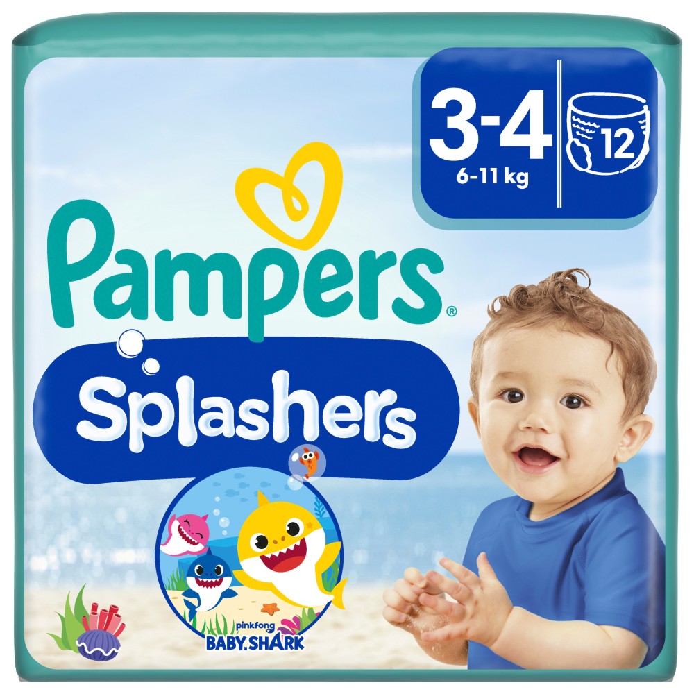 Еднократни пелени за плуване Pampers Splashers 3-4 Еднократни пелени за плуване Pampers Splashers 3-4 - 12 броя, за бебета 6-11 kg, на тема Baby Shark - продукт
