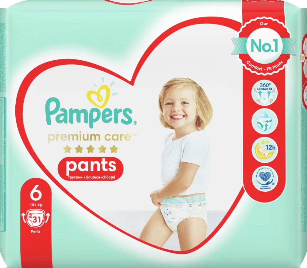 Гащички Pampers Premium Care Pants 6 - 31 и 36 броя, за бебета 15+ kg - продукт