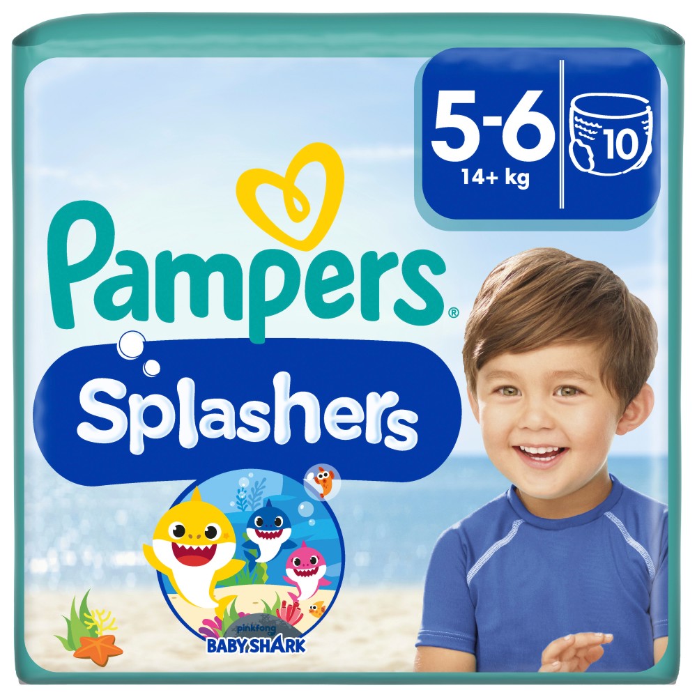 Еднократни пелени за плуване Pampers Splashers 5-6 Еднократни пелени за плуване Pampers Splashers 5-6 - 10 броя, за бебета 14+ kg, на тема Baby Shark - продукт