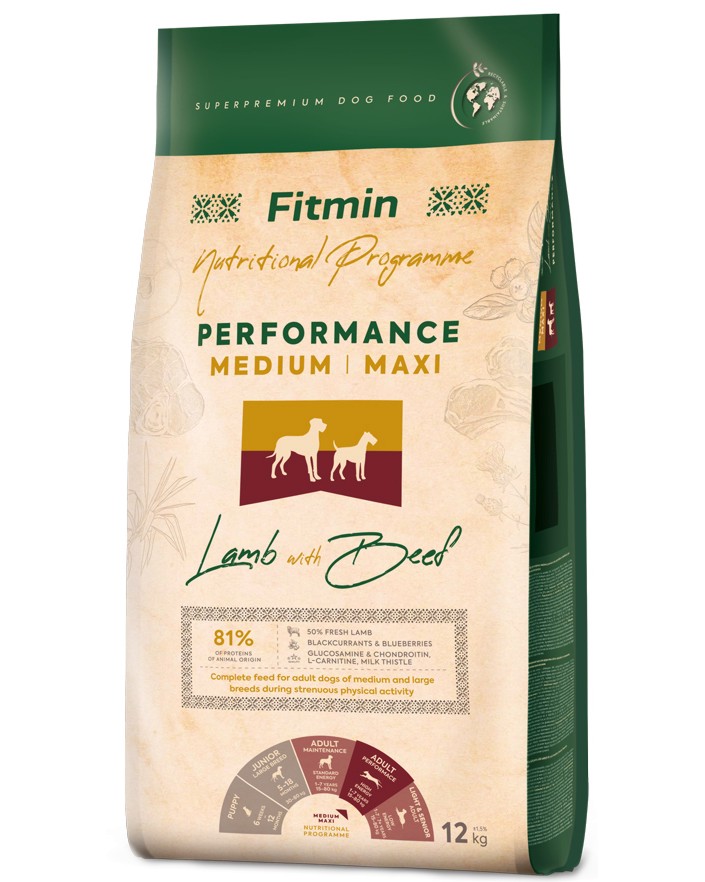Суха храна за кучета с повишени енергийни нужди Fitmin Performance Medium Maxi Суха храна за кучета с повишени енергийни нужди Fitmin Performance Medium Maxi - 12 kg, с агнешко и говеждо, от серията Nutritional Programme, от 1 до 7 години, за средни и големи породи - храна