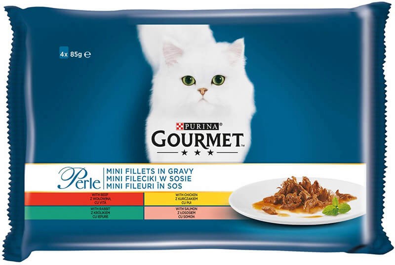 Паучове за котки Gourmet Паучове за котки Gourmet - 4 x 85 g, с пилешко, говеждо, заешко и сьомга в сос, от серията Perle, за над 1 година - храна
