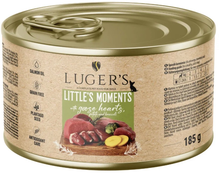 Консерви за кучета Luger's Консерви за кучета Luger's - 6 x 185 и 6 х 400 g, с гъши сърца, картофи и броколи, от серията Little's Moments, за дребни породи, в зряла възраст - храна
