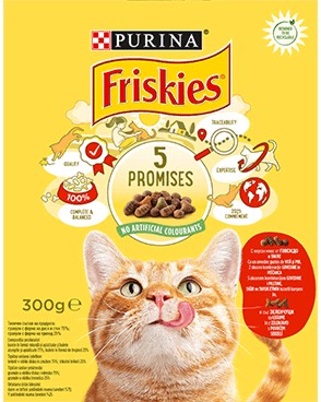 Суха храна за котки Friskies 5 Promises Суха храна за котки Friskies 5 Promises - 0.3 и 10 kg, с говеждо, пилешко и зеленчуци, за над 1 година - храна