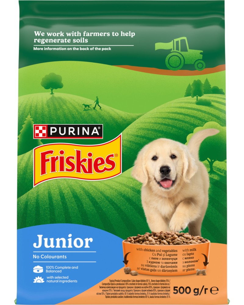 Суха храна за кучета Friskies Junior Суха храна за кучета Friskies Junior - 0.5 ÷ 15 kg с пилешко, зеленчуци и мляко, за над 6 седмици - храна