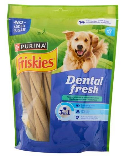 Дентални лакомства за кучета Friskies Dental Fresh 3 in 1 Дентални лакомства за кучета Friskies Dental Fresh 3 in 1 - 7 броя, с аромат на мента, за средни и едри породи - продукт