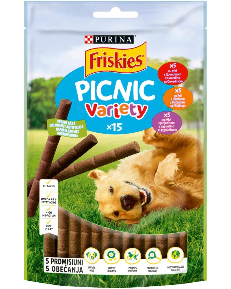 Лакомства за кучета Friskies Picnic Variety Лакомства за кучета Friskies Picnic Variety - 15 броя, с телешко, пилешко и агнешко, в зряла възраст - продукт