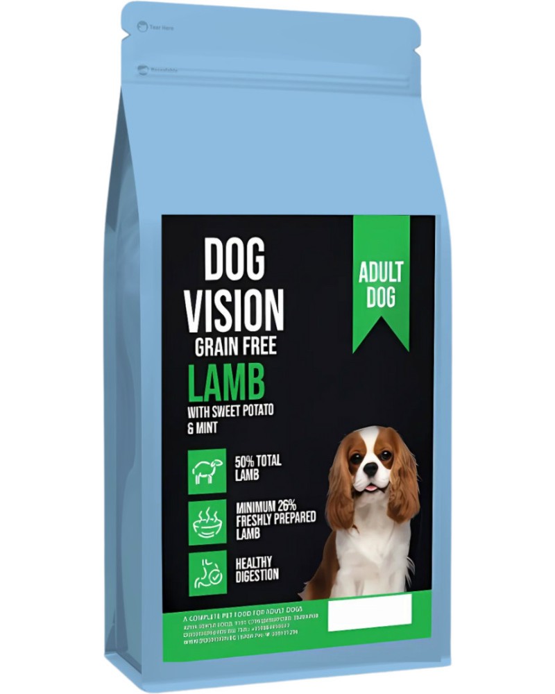 Суха храна за кучета с чувствително храносмилане DOG VISION Grain Free Adult Суха храна за кучета с чувствително храносмилане DOG VISION Grain Free Adult - 2 ÷ 12 kg, с агнешко, сладък картоф и мента, над 1 година, за средни породи - храна