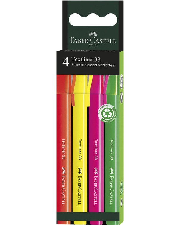 Текст маркери със скосен връх Faber-Castell 38 Текст маркери със скосен връх Faber-Castell 38 - 4 или 8 флуоресцентни цвята -