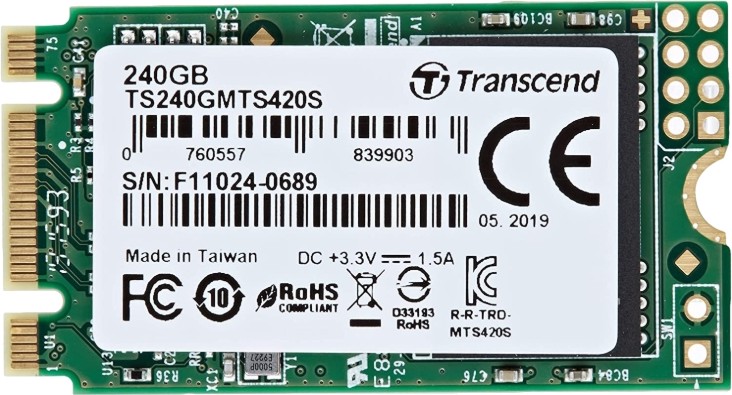 SSD памет Transcend 420S SATA III M.2 SSD памет Transcend 420S SATA III M.2 - 240 GB, четене 500 MB/s, запис 430 MB/s, 3D NAND -