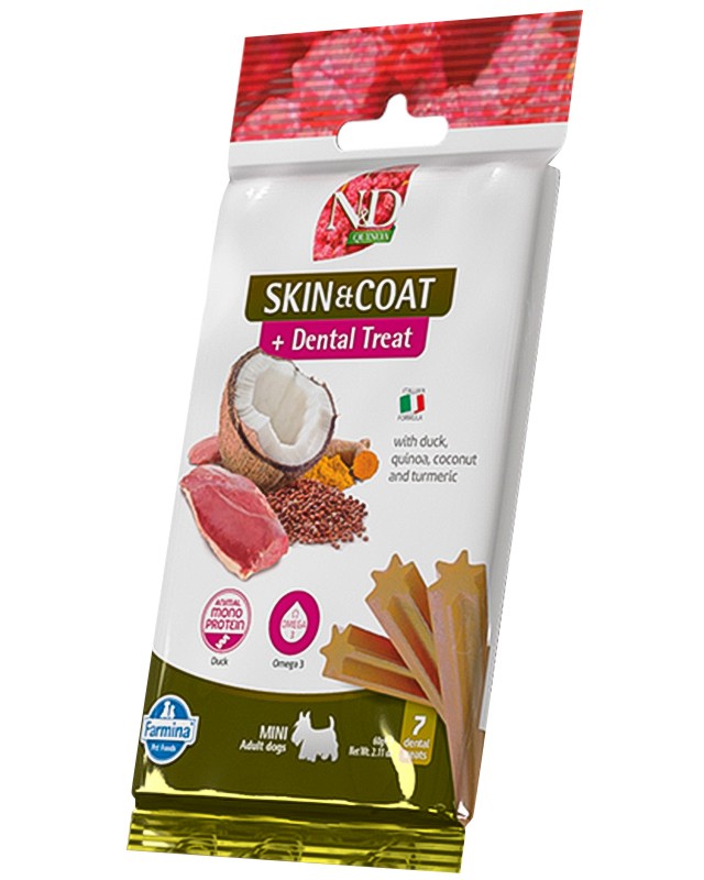 �������� ��������� �� ������ �� ������ ���� � ������� ������ N&D Adult Mini Skin & Coat Dental Treat - 60 g, � �������, �����, ����� � �������, �� ������� Quinoa, �� ������ ������, ��� 4 ������ - �����