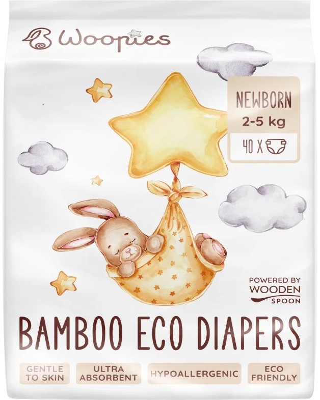 Еко пелени Wooden Spoon Woopies Newborn Еко пелени Wooden Spoon Woopies Newborn - 40 броя, за бебета 2-5 kg - продукт