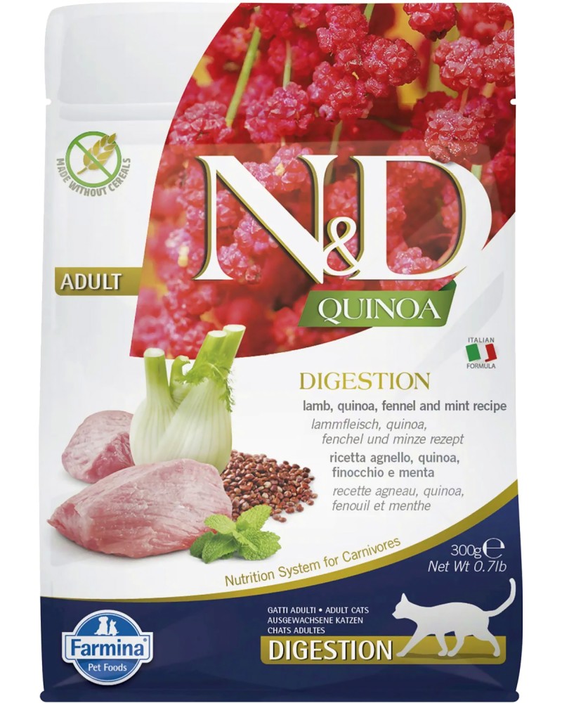 Суха храна за котки за добро храносмилане N&D Digestion Суха храна за котки за добро храносмилане N&D Digestion - 0.3 и 1.5 kg, с агнешко, киноа, копър и мента, от серията Quinoa, в зряла възраст - храна
