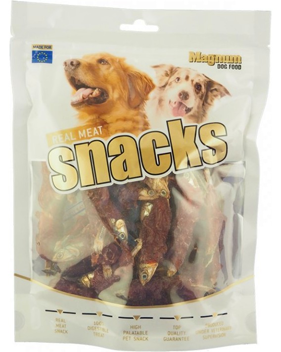 Лакомства за кучета Magnum Real Meat Snacks Лакомства за кучета Magnum Real Meat Snacks - 250 g, със сушена риба и патешко - храна