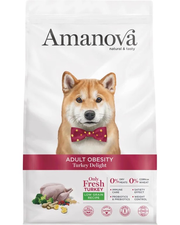 Натурална суха храна за кучета с наднормено тегло Amanova Adult Obesity Натурална суха храна за кучета с наднормено тегло Amanova Adult Obesity - 2 и 10 kg, с пуешко, за средни и големи породи, в зряла възраст - храна