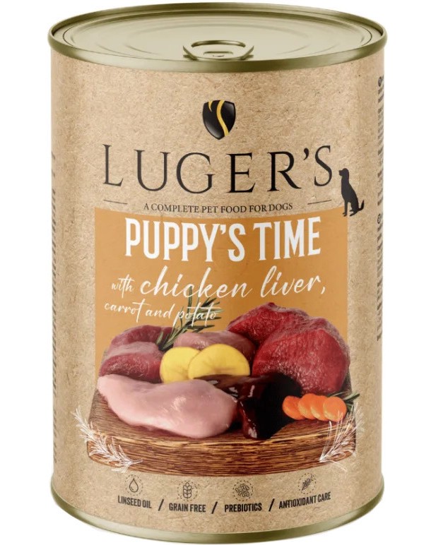 Консерви за кучета Luger's Консерви за кучета Luger's - 6 x 400 g, с пилешки дробчета, моркови и картофи, от серията Puppy's Time, за подрастващи кучета - храна