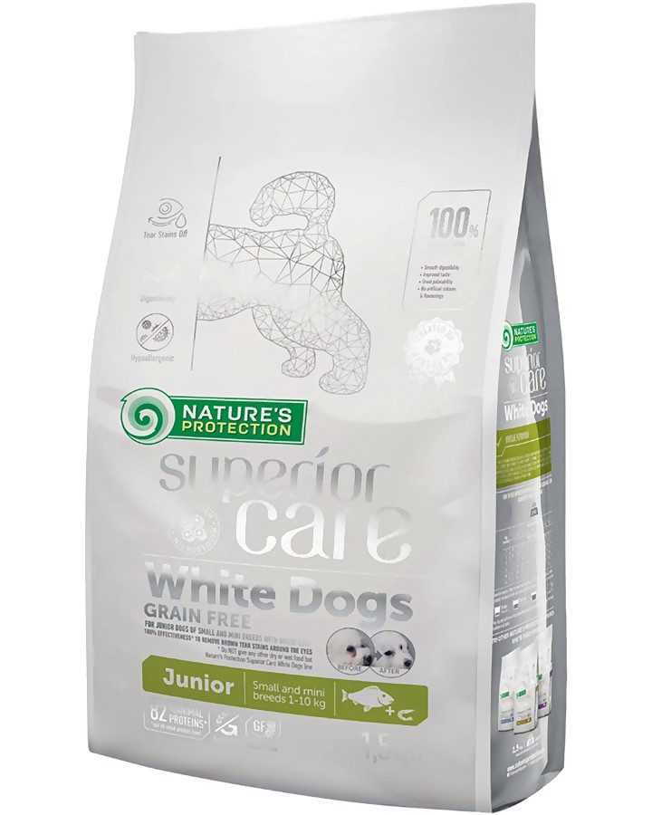 Суха храна за кучета с бяла козина NATURE'S PROTECTION Superior Care White Dog Junior Small Breeds Суха храна за кучета с бяла козина NATURE'S PROTECTION Superior Care White Dog Junior Small Breeds - 1.5 и 10 kg, с бяла риба, за дребни и малки породи, от 3 до 12 месеца - храна