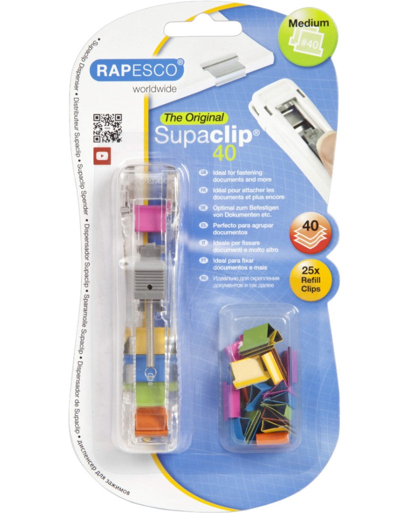 Диспенсър за клипсове Rapesco Supaclip 40 Диспенсър за клипсове Rapesco Supaclip 40 - С 25 броя цветни клипса -