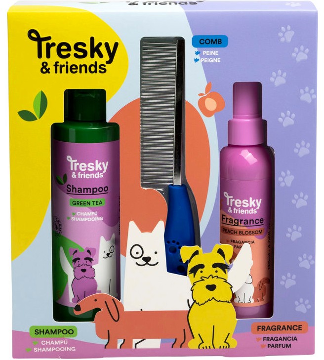 Подаръчен комплект за кучета Tresky & Friends Bath Time Set Подаръчен комплект за кучета Tresky & Friends Bath Time Set - С шампоан, спрей и гребен - продукт