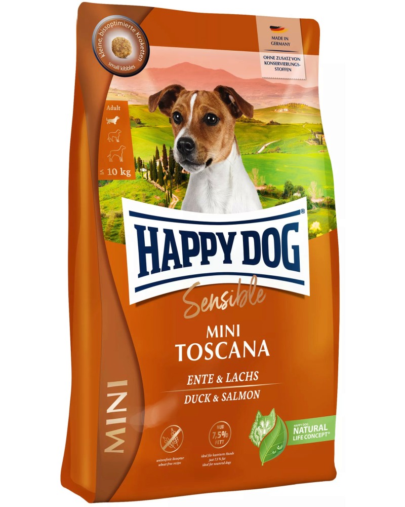 Суха храна за кастрирани кучета с чувствително храносмилане Happy Dog Mini Toscana Adult Суха храна за кастрирани кучета с чувствително храносмилане Happy Dog Mini Toscana Adult - 0.8 и 4 kg, с патешко и сьомга, от серията Sensible, в зряла възраст, до 10 kg - храна