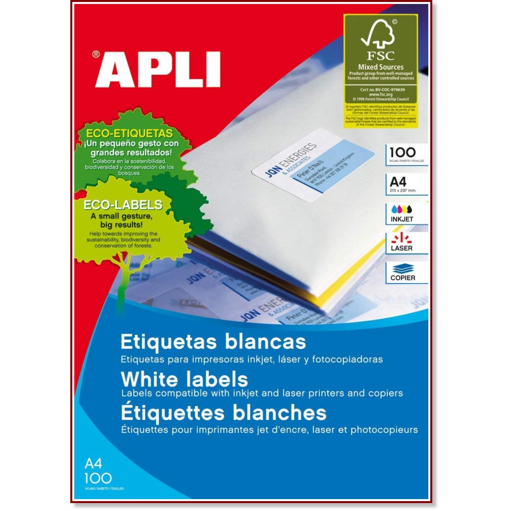 Бели правоъгълни етикети за принтиране Apli - 6500 самозалепващи етикета с размери 38.1 x 21.2 mm - 