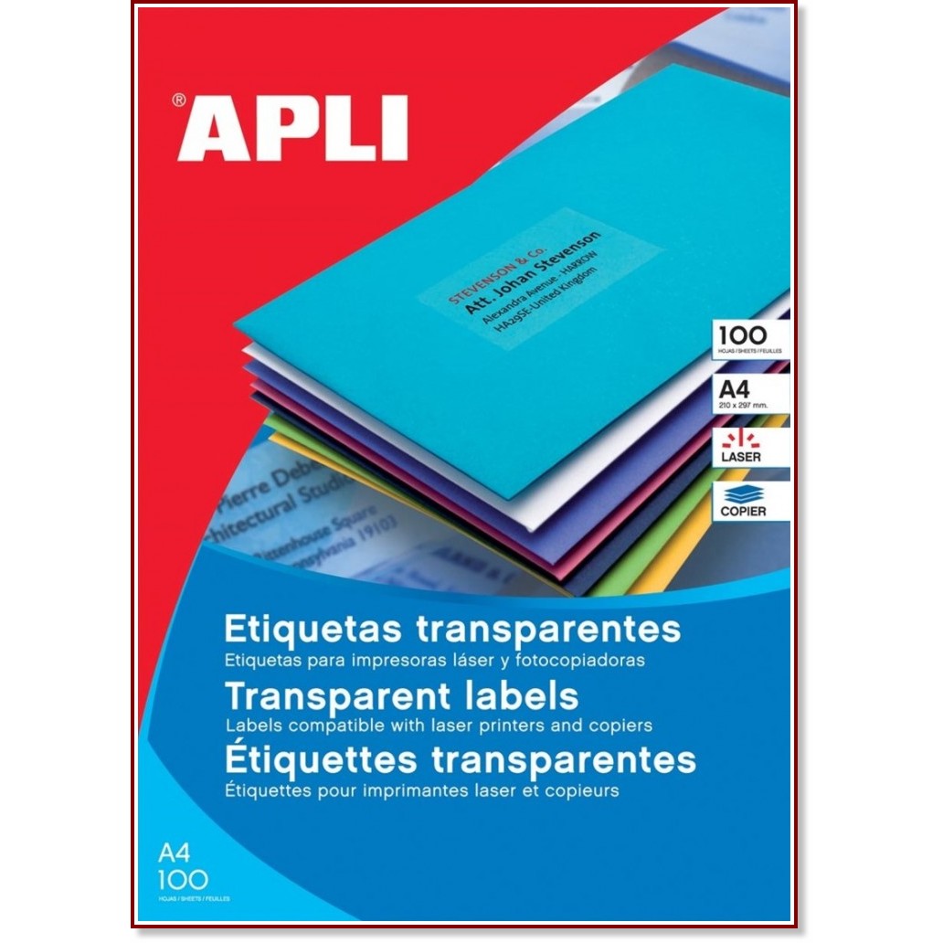Прозрачни правоъгълни етикети за принтиране Apli - 100 самозалепващи етикета с размери 210 x 297 mm - 