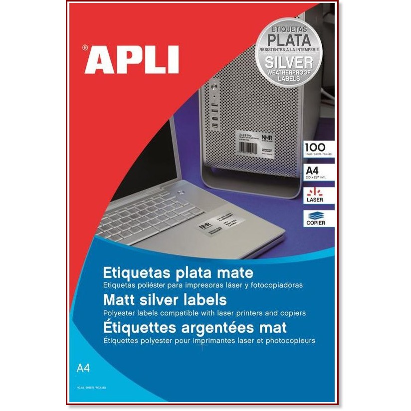 Сребристи правоъгълни етикети за принтиране Apli Сребристи правоъгълни етикети за принтиране Apli - 100 самозалепващи етикета с размери 210 x 297 mm -