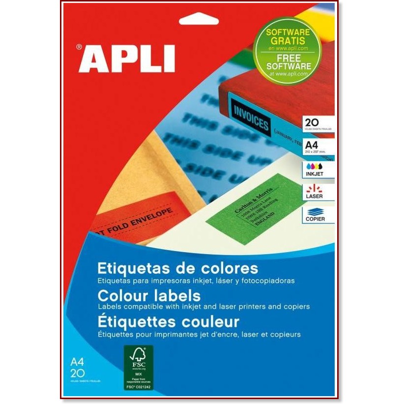 Цветни правоъгълни етикети за принтиране Apli - 480 самозалепващи етикета с размери 70 x 37 mm - 