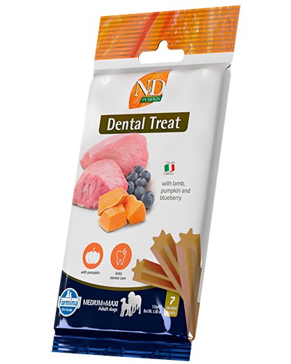 Дентални лакомства за кучета N&D Adult Medium & Maxi Dental Treat Дентални лакомства за кучета N&D Adult Medium & Maxi Dental Treat - 100 g, с агнешко, тиква и боровинки, от серията Pumpkin, за средни и едри породи, над 4 месеца - храна