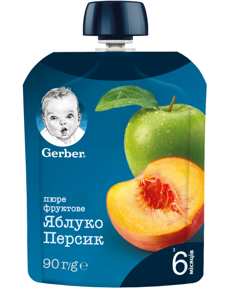 Пюре с ябълка и праскова Nestle Gerber - 90 g, за 6+ месеца - пюре