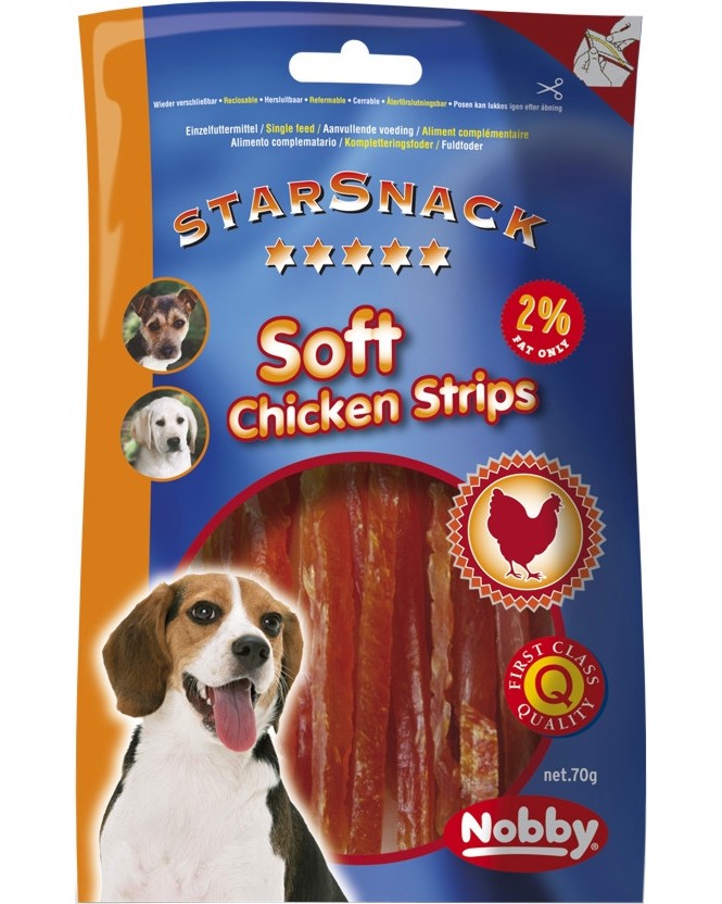Лакомства за кучета Nobby Soft Chicken Strips Лакомства за кучета Nobby Soft Chicken Strips - 70 g, с пилешко, от серията StarSnack - храна
