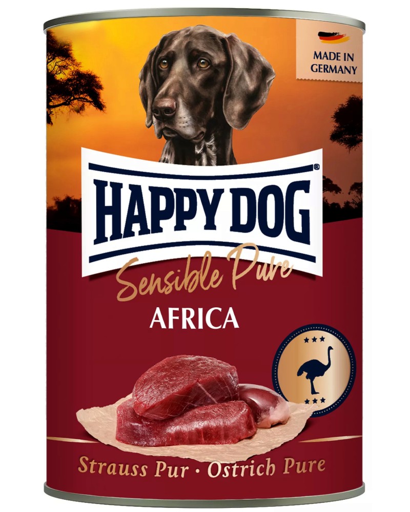 Консерва за кучета с чувствително храносмилане Happy Dog Africa Консерва за кучета с чувствително храносмилане Happy Dog Africa - 400 g, с щраусово, от серията Sensible, в зряла възраст - храна
