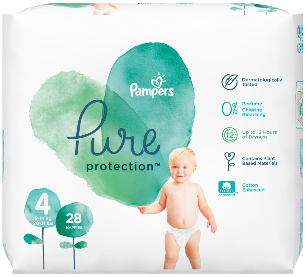 Пелени Pampers Pure Protection 4 - 28 броя, за бебета 9-14 kg - продукт