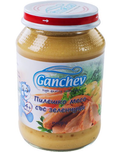 Пюре от пилешко месо със зеленчуци Ganchev - 190 g, за 4+ месеца - пюре