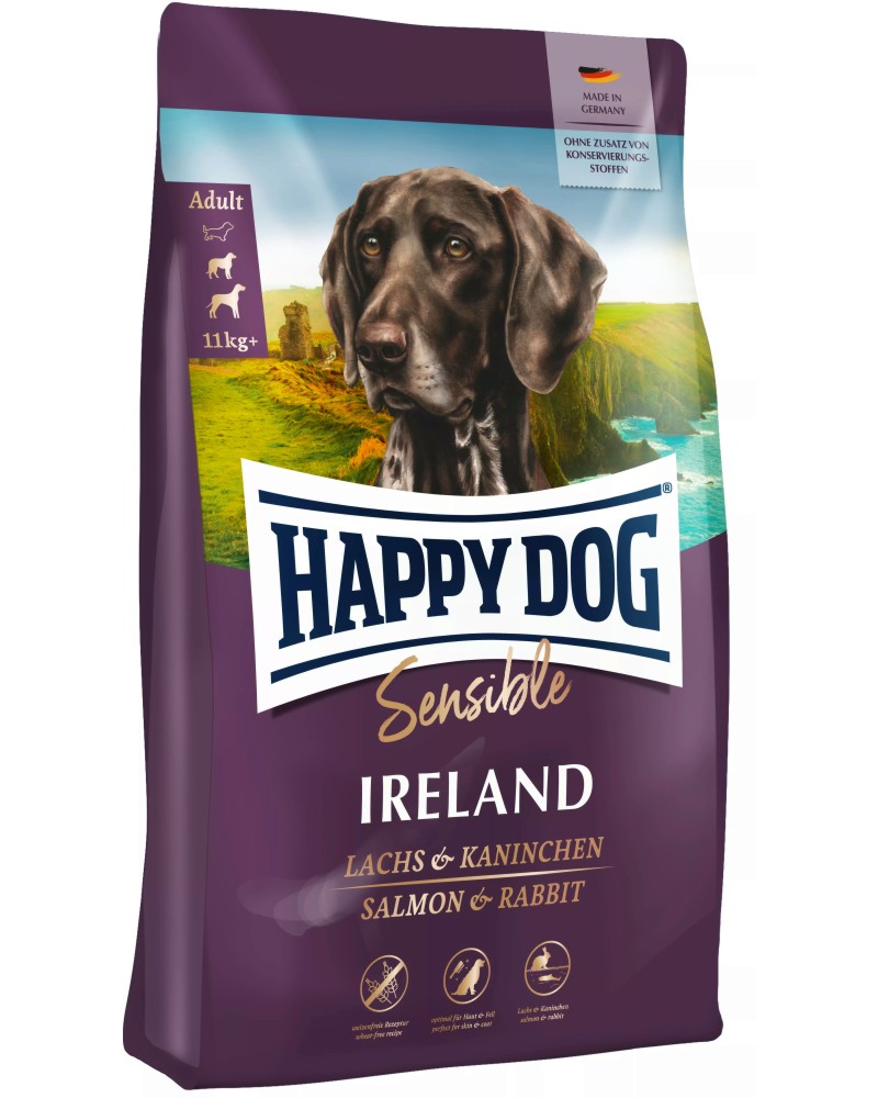 Суха храна за кучета с чувствително храносмилане Happy Dog Ireland Adult Суха храна за кучета с чувствително храносмилане Happy Dog Ireland Adult - 1 ÷ 12.5 kg, със сьомга и заешко, от серията Sensible, в зряла възраст, 11+ kg - храна
