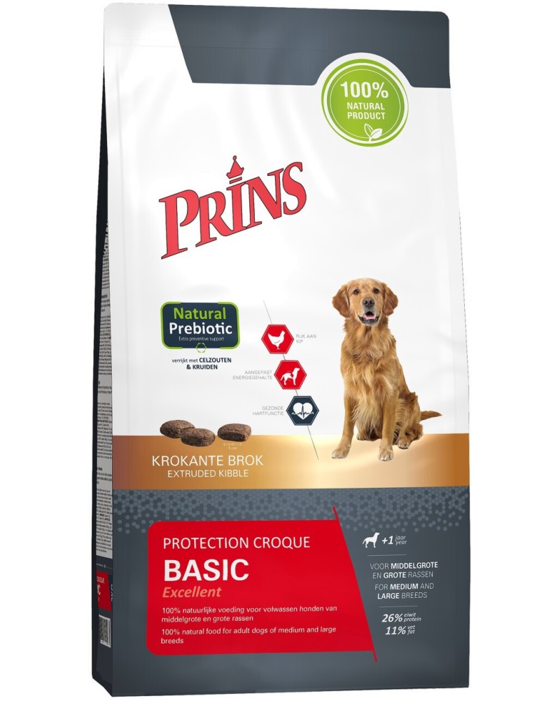 Натурална суха храна за кучета Prins Protection Croque Basic Excellent Натурална суха храна за кучета Prins Protection Croque Basic Excellent - 10 kg, с пилешко, за средни и големи породи, над 1 година - храна