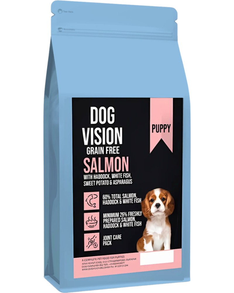 Суха храна за кучета за здрава кожа и красива козина DOG VISION Grain Free Puppy Суха храна за кучета за здрава кожа и красива козина DOG VISION Grain Free Puppy - 2 ÷ 12 kg, със сьомга, треска, син меджид, сладък картоф и аспержи, от 0 до 12 месеца - храна