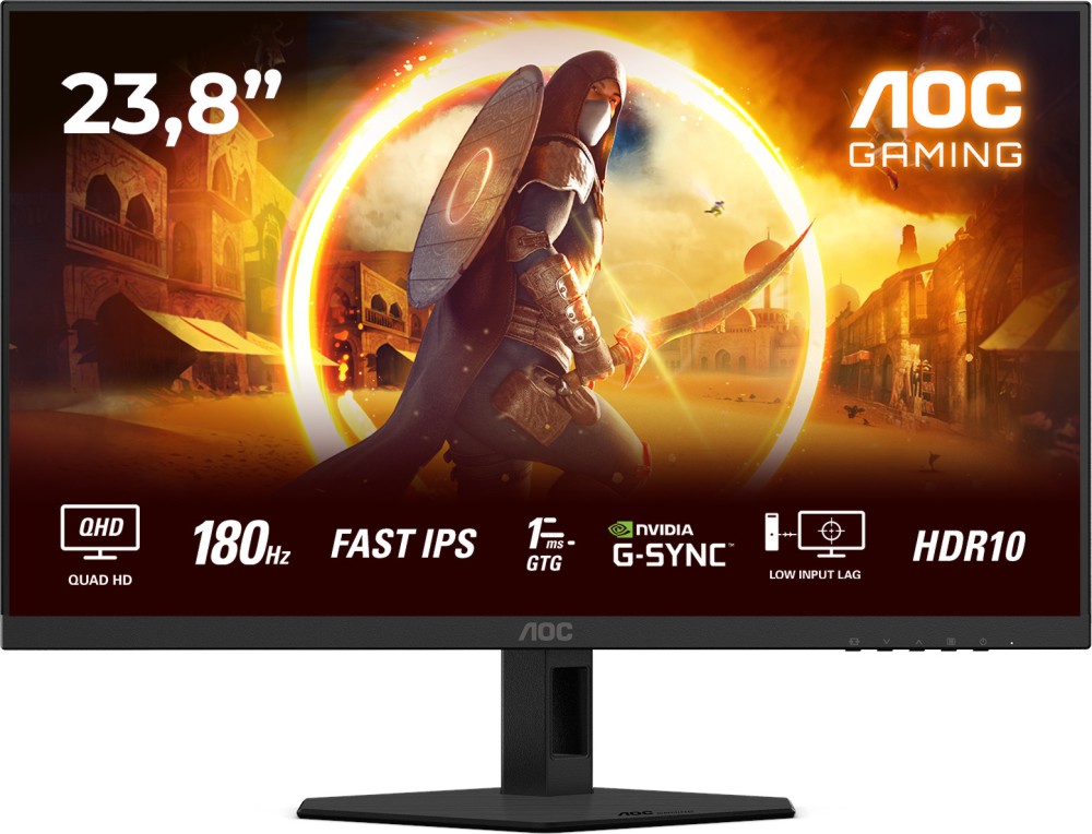  AOC Q24G4RE - 23.8", Fast IPS, 180 Hz, 16:9, 2560 x 1440, 1 ms, 2 x HDMI, DisplayPort, NVIDIA G-Sync - 