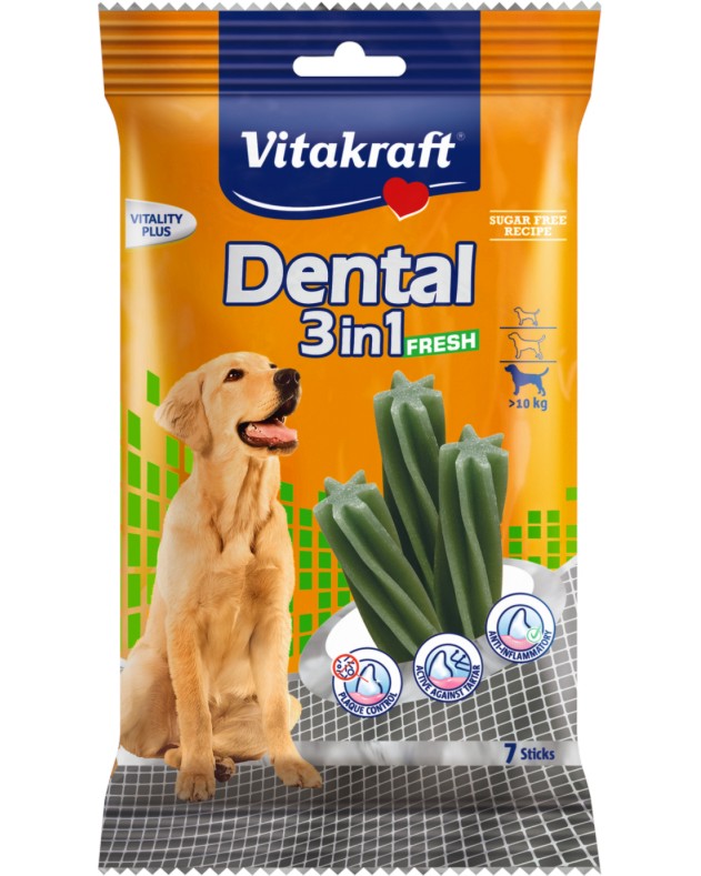 Дентални лакомства за кучета 3 в 1 Vitakraft Dental Fresh M Дентални лакомства за кучета 3 в 1 Vitakraft Dental Fresh M - 180 g - храна