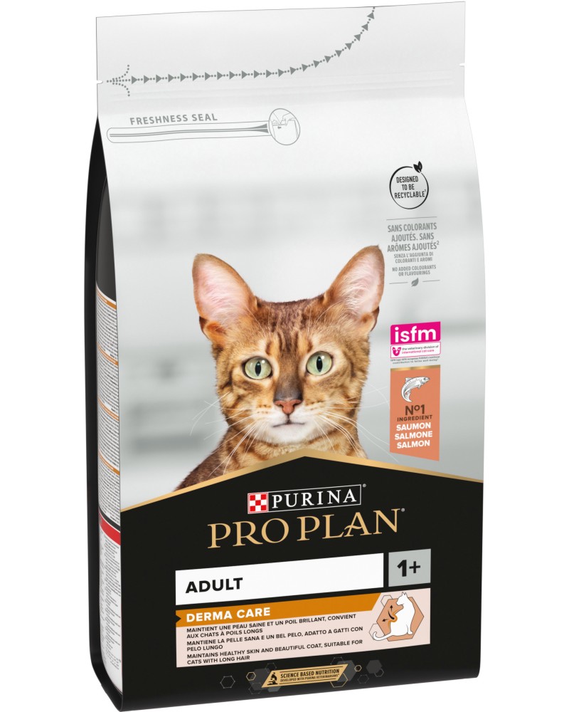Суха храна за котки за лъскава козина и здрава кожа Purina Pro Plan Derma Care Adult Суха храна за котки за лъскава козина и здрава кожа Purina Pro Plan Derma Care Adult - 0.4 ÷ 10 kg, със сьомга, в зряла възраст - храна