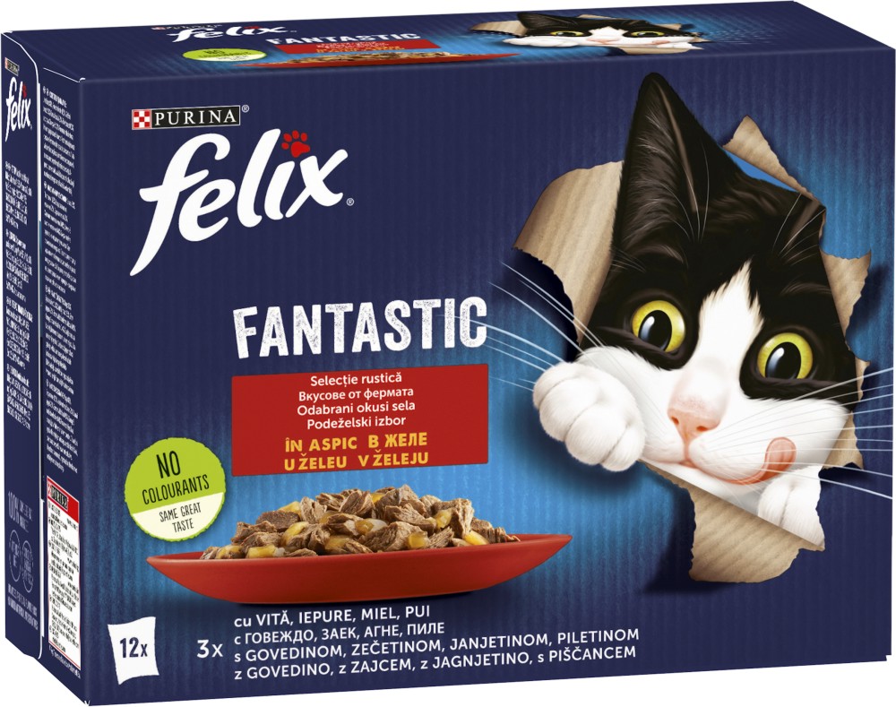 Паучове за котки Felix Fantastic Паучове за котки Felix Fantastic - 12 x 85 g, с говеждо, заешко, агнешко и пилешко месо в желе, за над 1 година - продукт