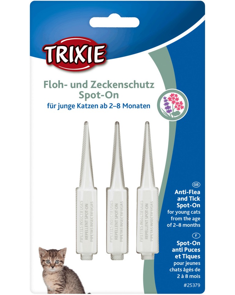 Репелентни капки за котки Trixie Anti-Flea and Tick Spot-On for Young Cats Репелентни капки за котки Trixie Anti-Flea and Tick Spot-On for Young Cats - 3 ампули x 600 ml, за котки 2-8 месеца - продукт