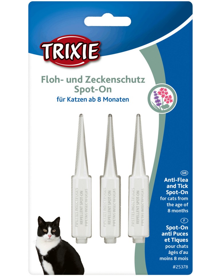 Trixie Anti-Flea and Tick Spot-On for Cats - Репелентни капки за котки над 8 месеца - опаковка от 3 ампули x 1 ml - продукт