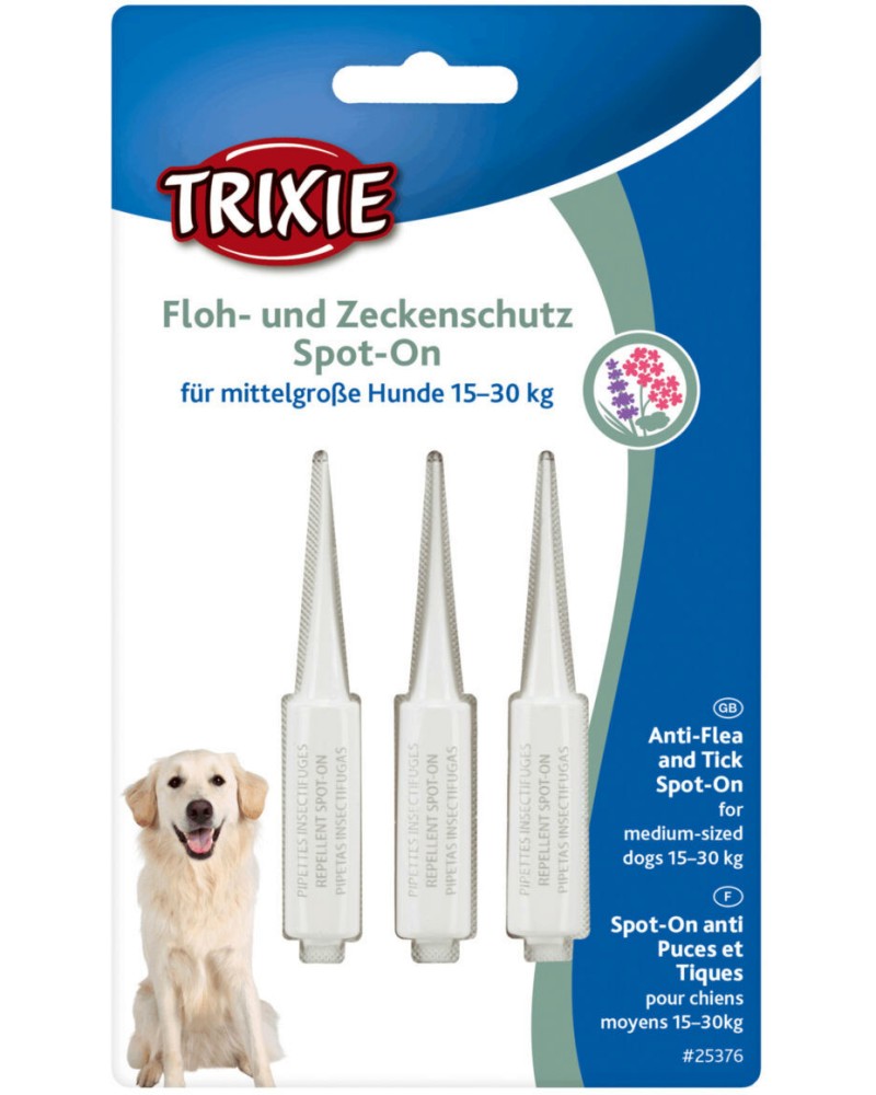 Репелентни капки Trixie Anti-Flea and Tick Spot-On for Medium Dogs Репелентни капки Trixie Anti-Flea and Tick Spot-On for Medium Dogs - 3 пипети x 3 ml, за кучета от 15 до 30 kg - продукт