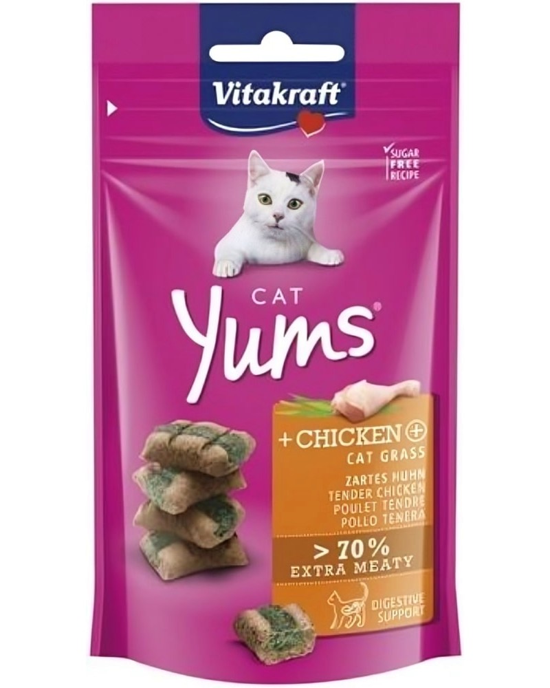 Лакомства за котки Vitakraft Cat Yums Лакомства за котки Vitakraft Cat Yums - 40 g, с пилешко и котешка трева - храна