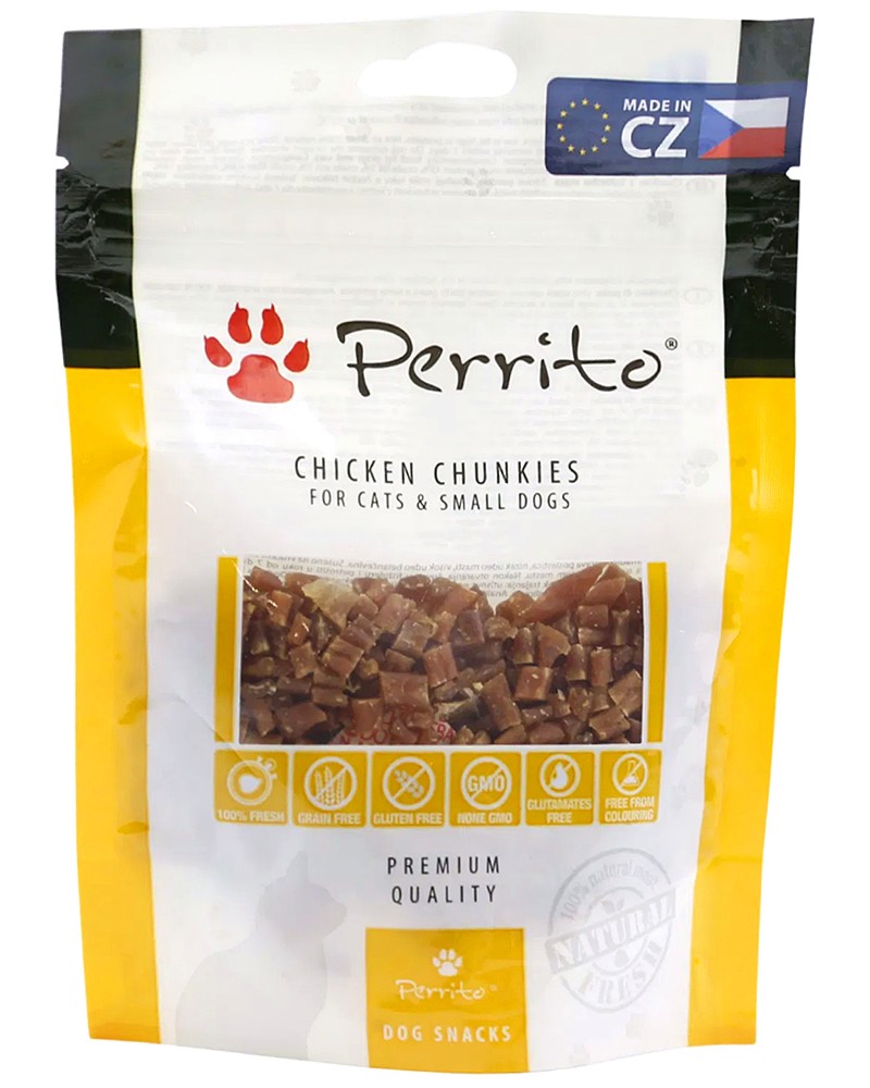 Лакомства за кучета и котки Perrito Chicken Chunkies Лакомства за кучета и котки Perrito Chicken Chunkies - 100 g, с пилешко - храна