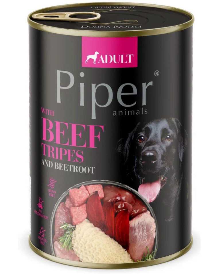 Консерва за кучета Piper Adult Консерва за кучета Piper Adult - 400 и 800 g, с говеждо шкембе и червено цвекло, в зряла възраст - храна